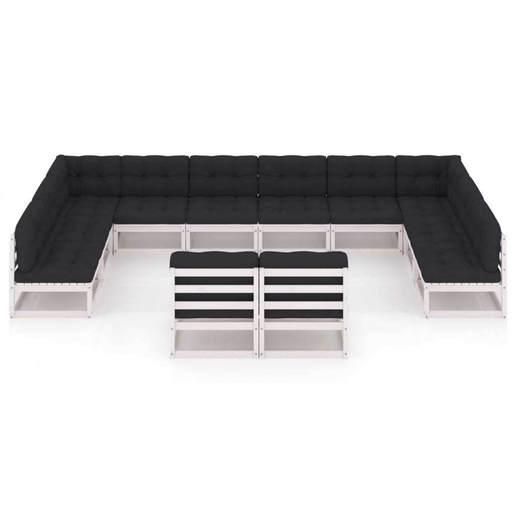 12-tlg. Garten-Lounge-Set mit Kissen Weiss Kiefer Massivholz